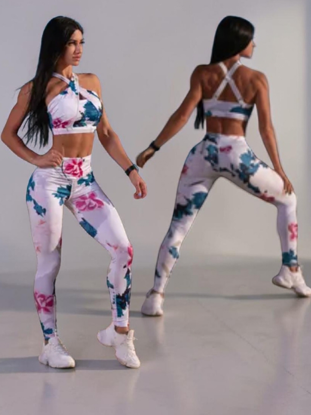 Women's Multicolor Floral Hollow Out Bandage Bra & High-Waist Leggings Yoga Set